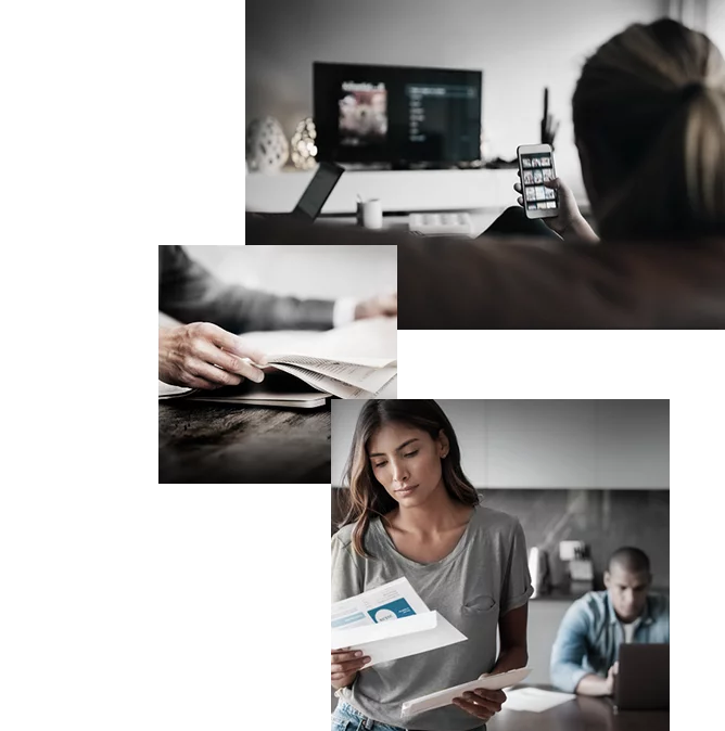 collage of pictures showing people consuming diverse kind of media, including letter, smartphone plus TV, newspaper and laptop